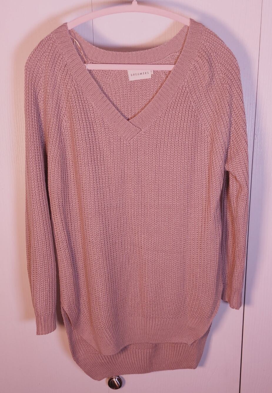 Dreamers Brown Shaker Rib Knit Sweater Size XL Cozy V Neck High Low Hem Cozy